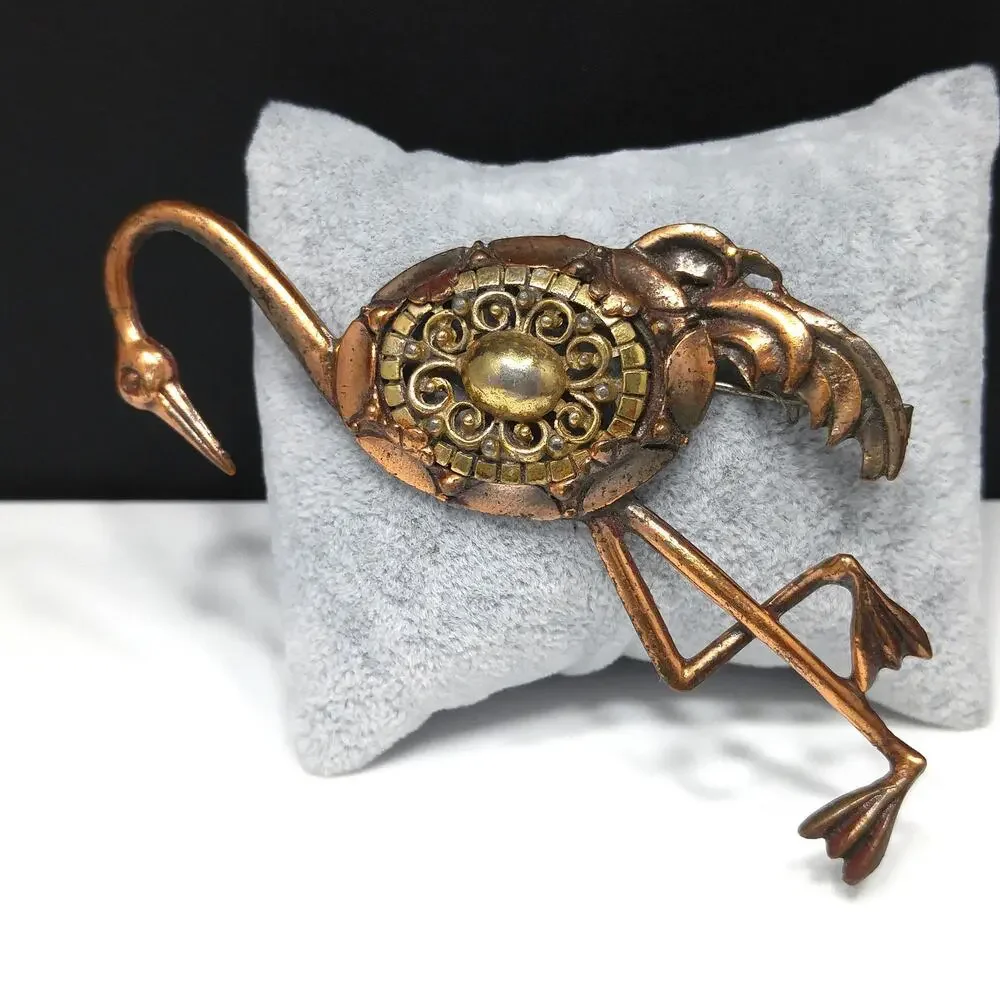 Vintage Tall Bird Brooch, Mixed Metals, 1930s 1940s